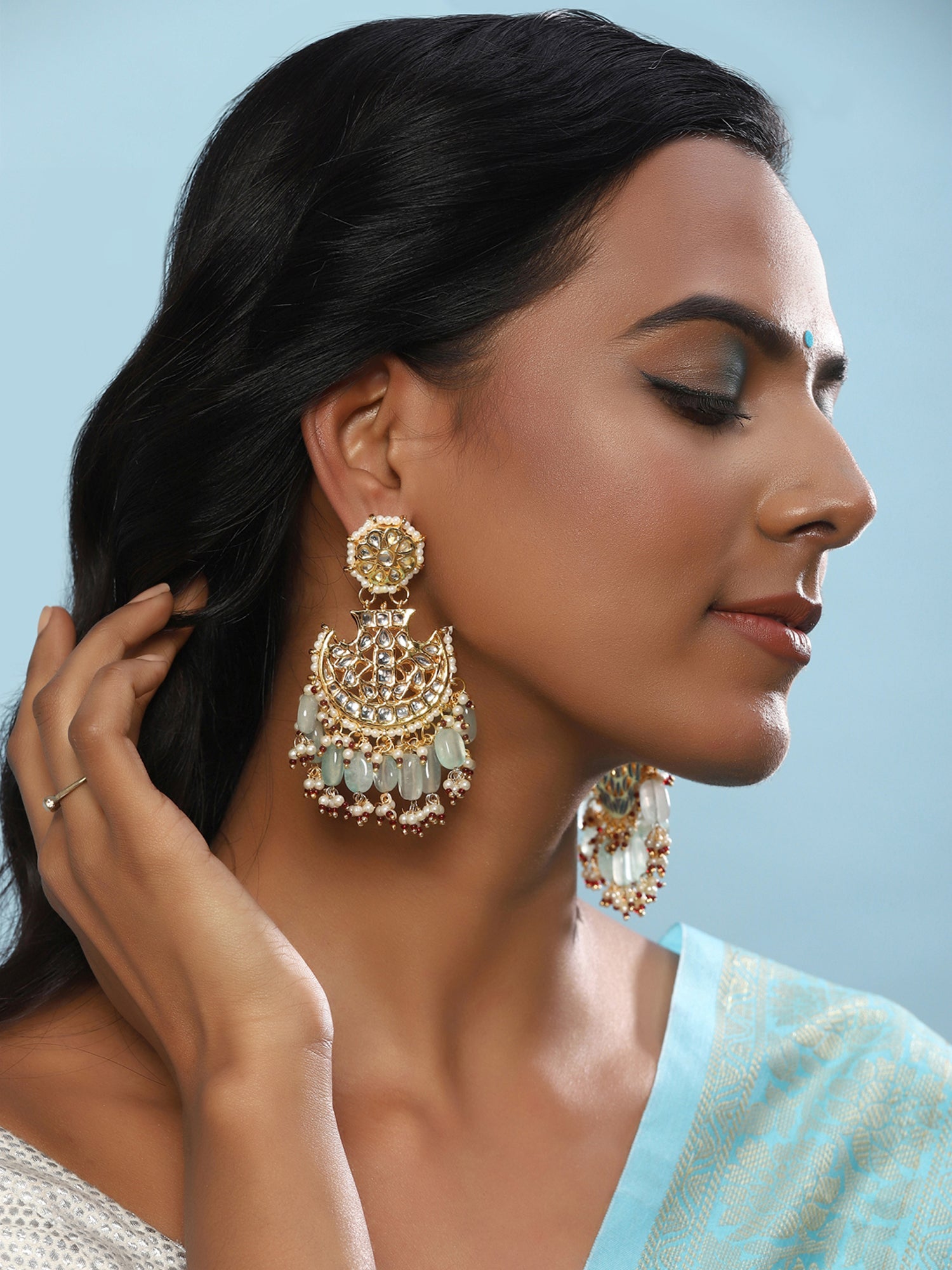 Gold-Plated Classic Kundan Studded Chandbalis Earrings - Ruby Raang - Distacart