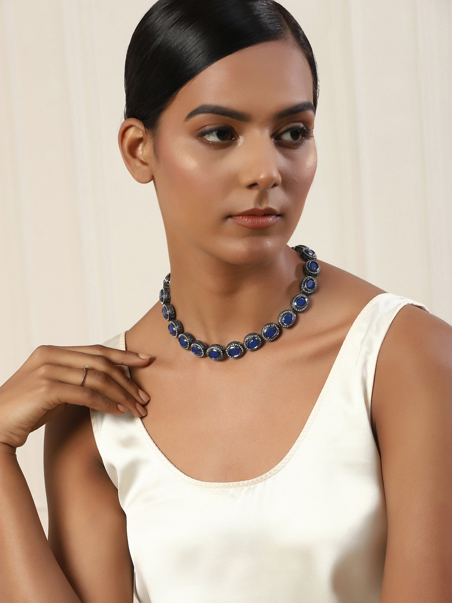 Oxidised Silver-Plated Blue White Kundan Studded Brass Choker Necklace - Ruby Raang - Distacart