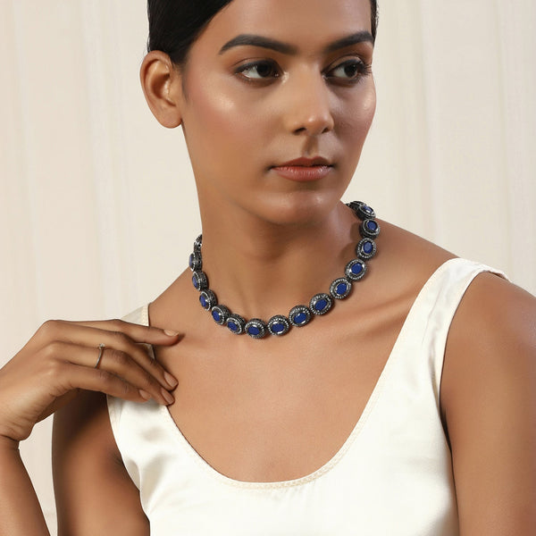 Oxidised Silver-Plated Blue White Kundan Studded Brass Choker Necklace - Ruby Raang - Distacart