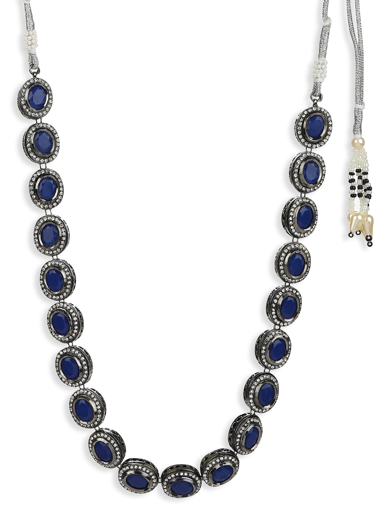 Oxidised Silver-Plated Blue White Kundan Studded Brass Choker Necklace - Ruby Raang - Distacart
