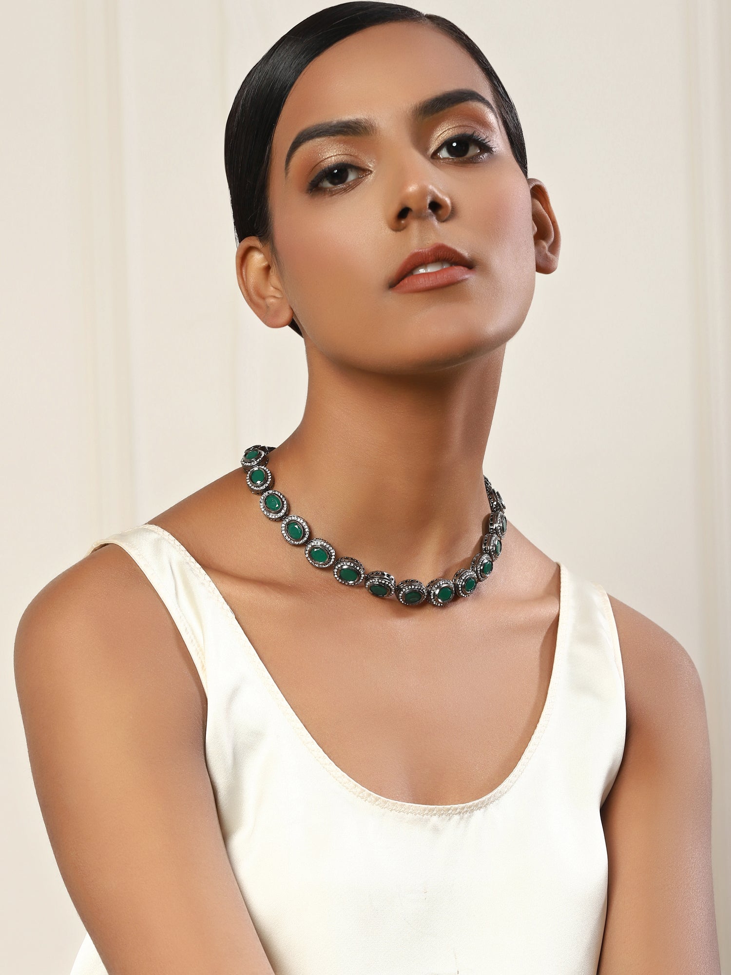 Green Silver-Toned Brass Silver-Plated Necklace - Ruby Raang - Distacart