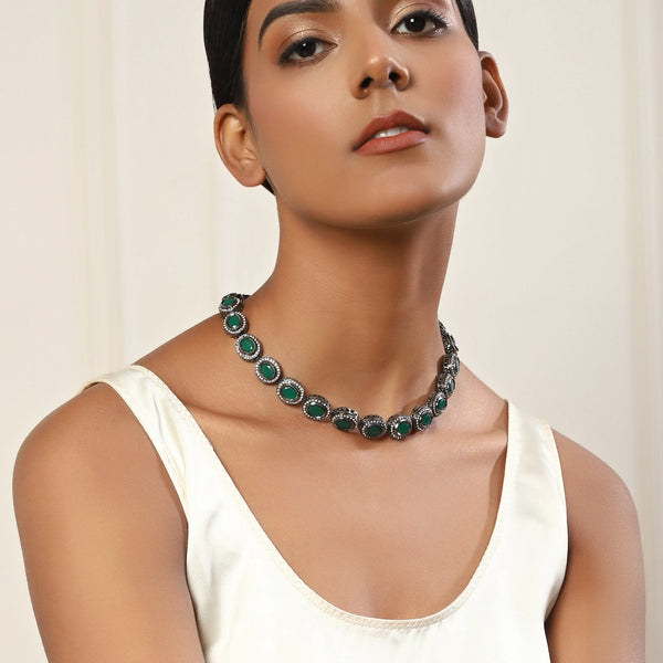 Green Silver-Toned Brass Silver-Plated Necklace - Ruby Raang - Distacart