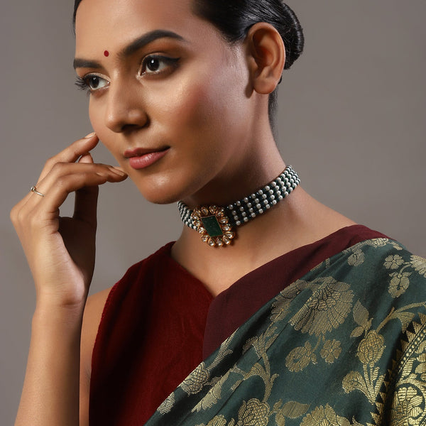 Gold-Plated Green Choker Necklace - Ruby Raang - Distacart