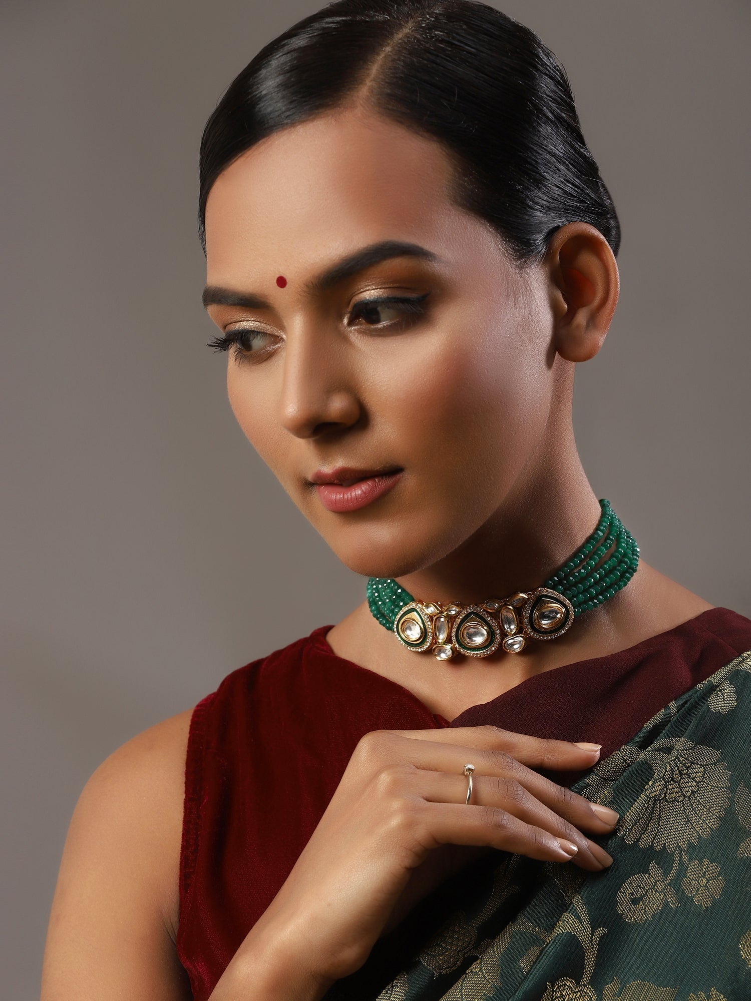 Gold-Plated Green Layered Necklace - Ruby Raang - Distacart