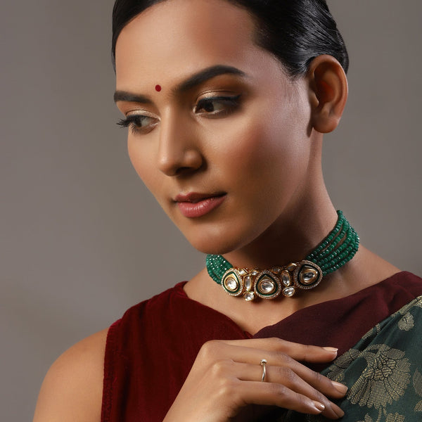 Gold-Plated Green Layered Necklace - Ruby Raang - Distacart
