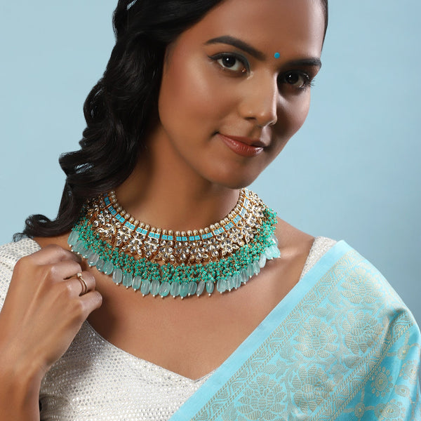 Women's Gold-Plated Kundan Studded Necklace - Ruby Raang - Distacart