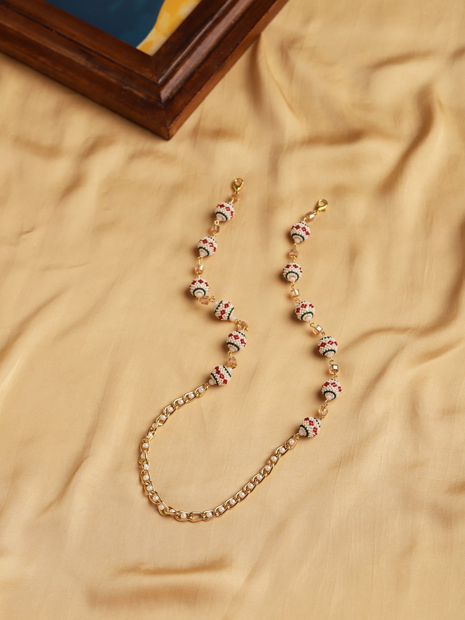 Gold-Toned White Embellished Mask Chain - Ruby Raang - Distacart