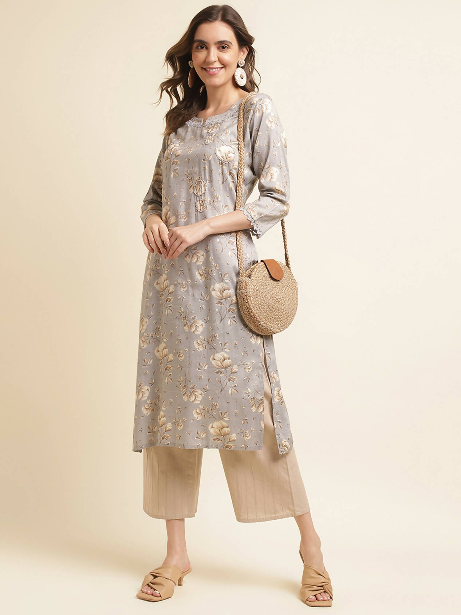 Grey Poly Rayon Floral Printed Straight Kurta - Prasuti - Distacart