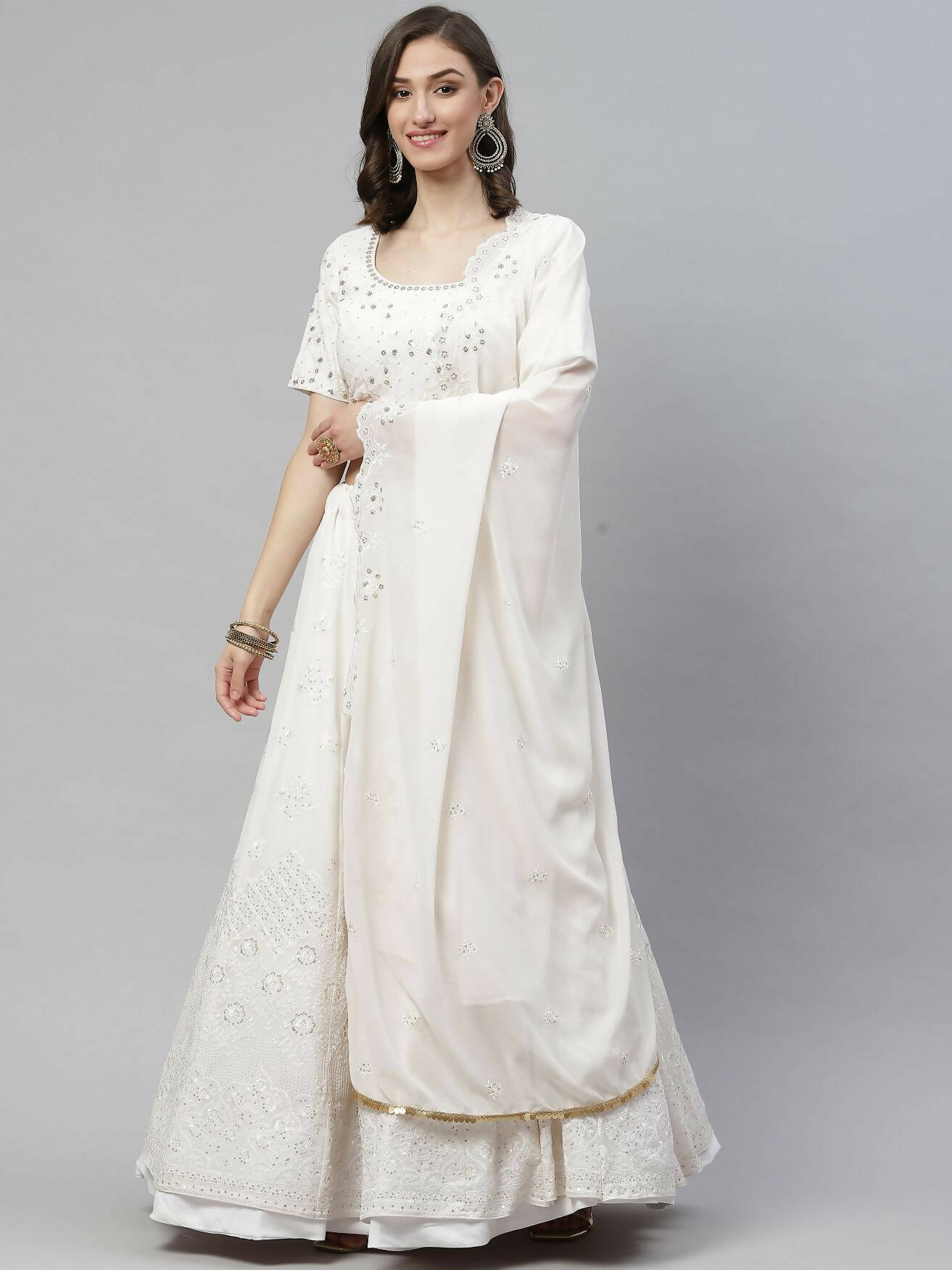 White Georgette Thread with Sequins Embroidered work Lehenga Choli with Dupatta - Jivika - Distacart