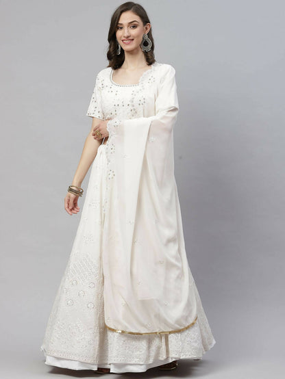 White Georgette Thread with Sequins Embroidered work Lehenga Choli with Dupatta - Jivika - Distacart