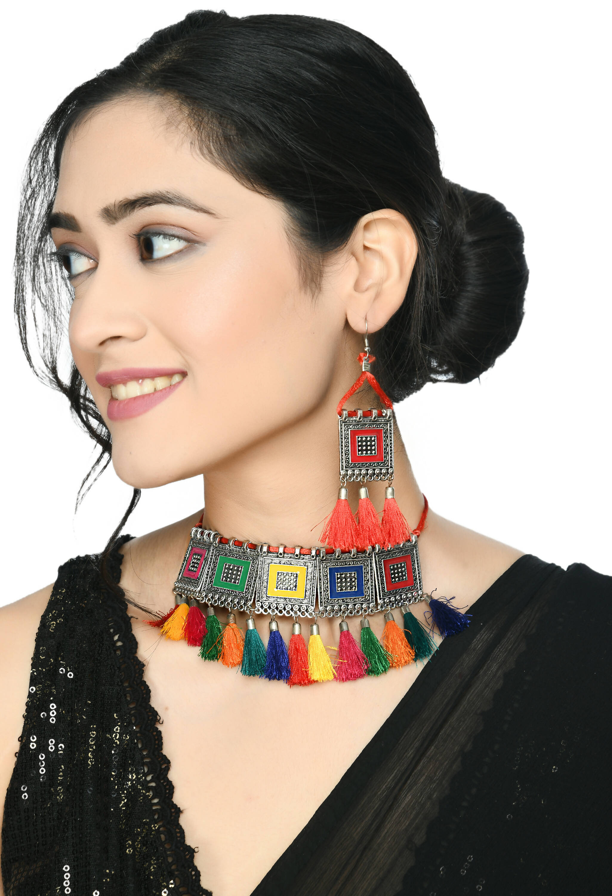Mominos Fashion Johar Kamal Oxidised Silver-Plated Brass Finish Tassel Work Handicraft Choker For Women (Multi) - Distacart