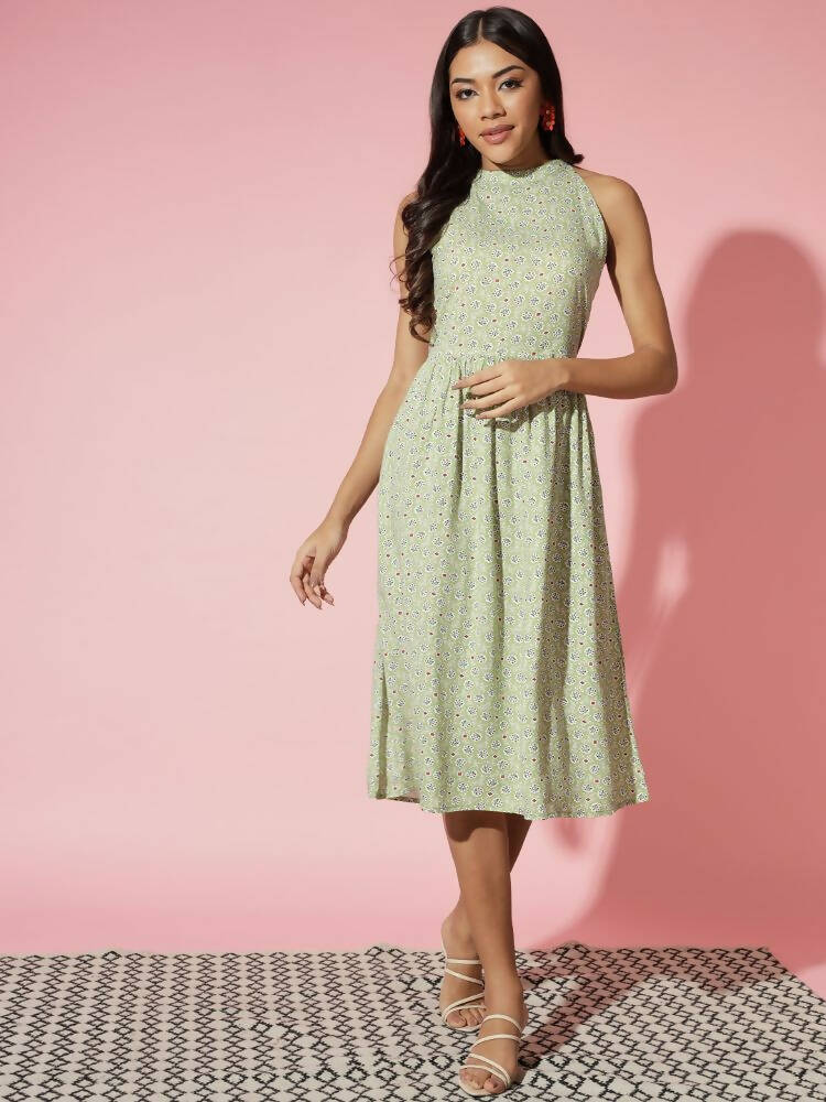 Myshka Women Green Ethnic Motifs Rayon A-Line Round Neck Dress - Distacart