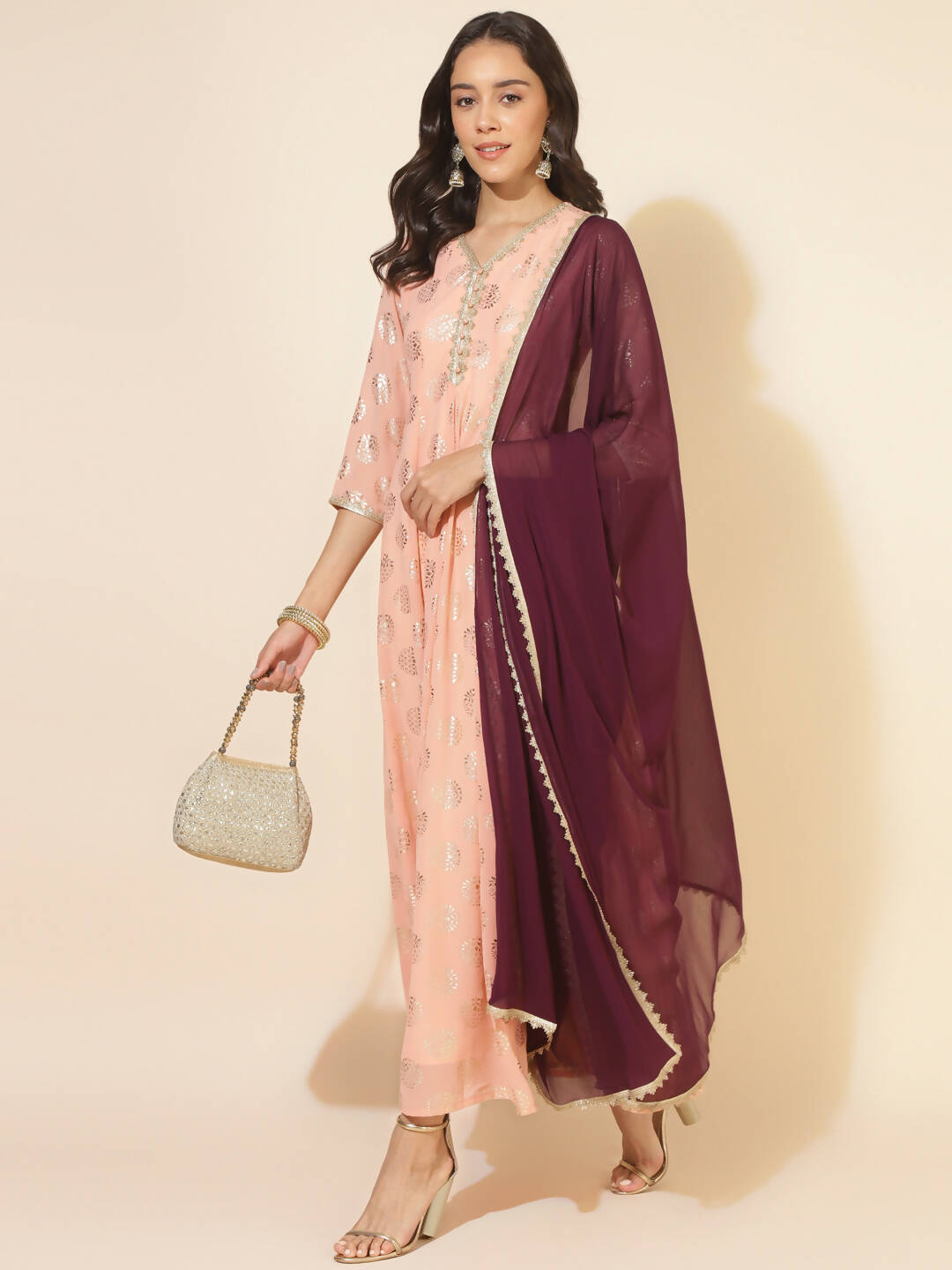 Janasya Women's Peach Georgette Foil Printed Festive Anarkali Kurta Set - Distacart