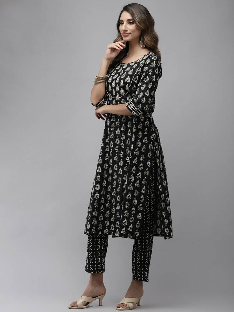 Yufta Women Black Ethnic Motifs Regular Mirror Work Pure Cotton Kurta with Trouser & With Dupatta