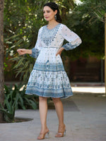 Thumbnail for Juniper Women Off-White Georgette Printed Short Tiered Dress with Embroidered Yoke - Distacart