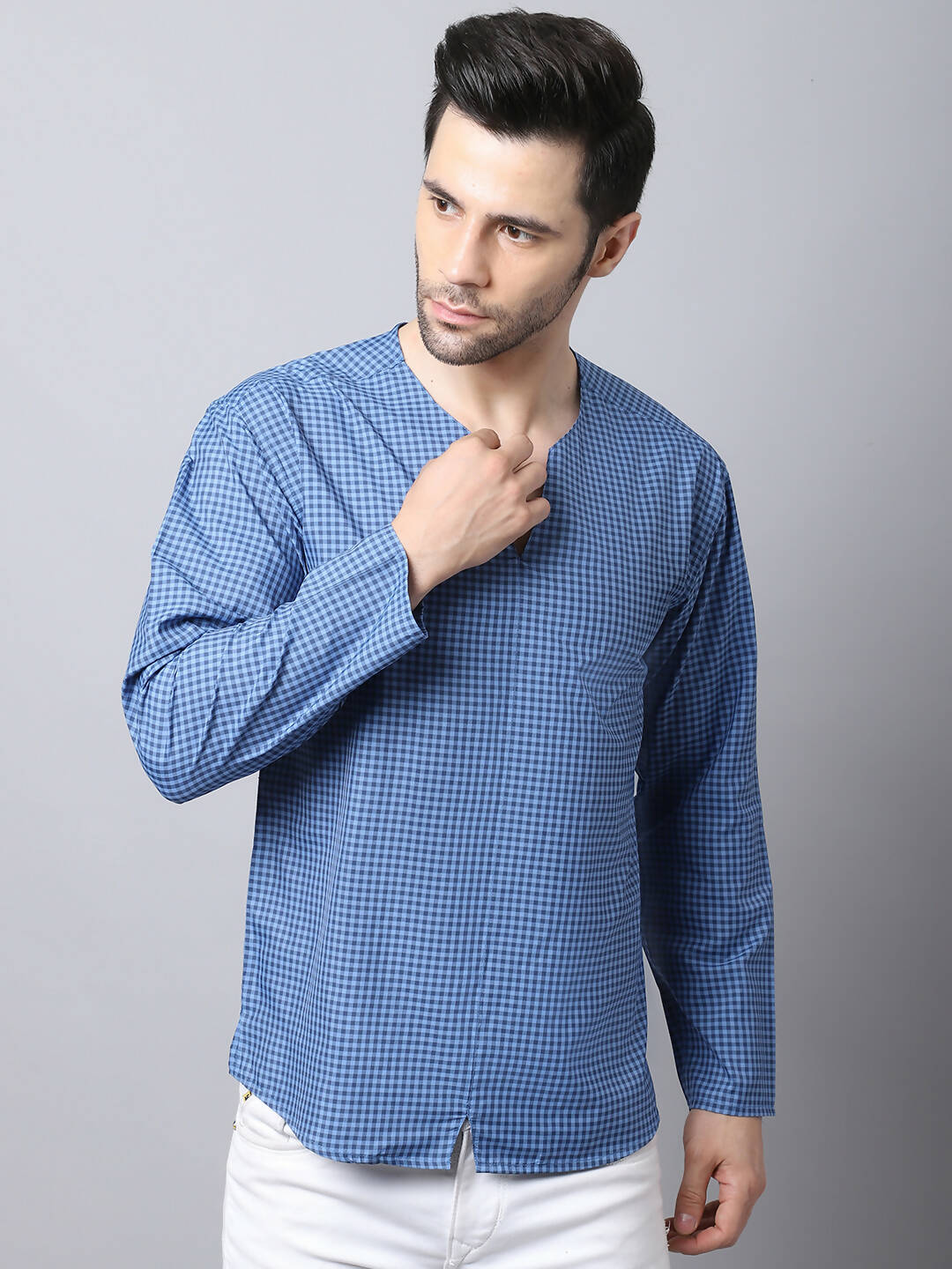 Even Apparels Blue Checked Men's Kurta With Band Collar - Distacart