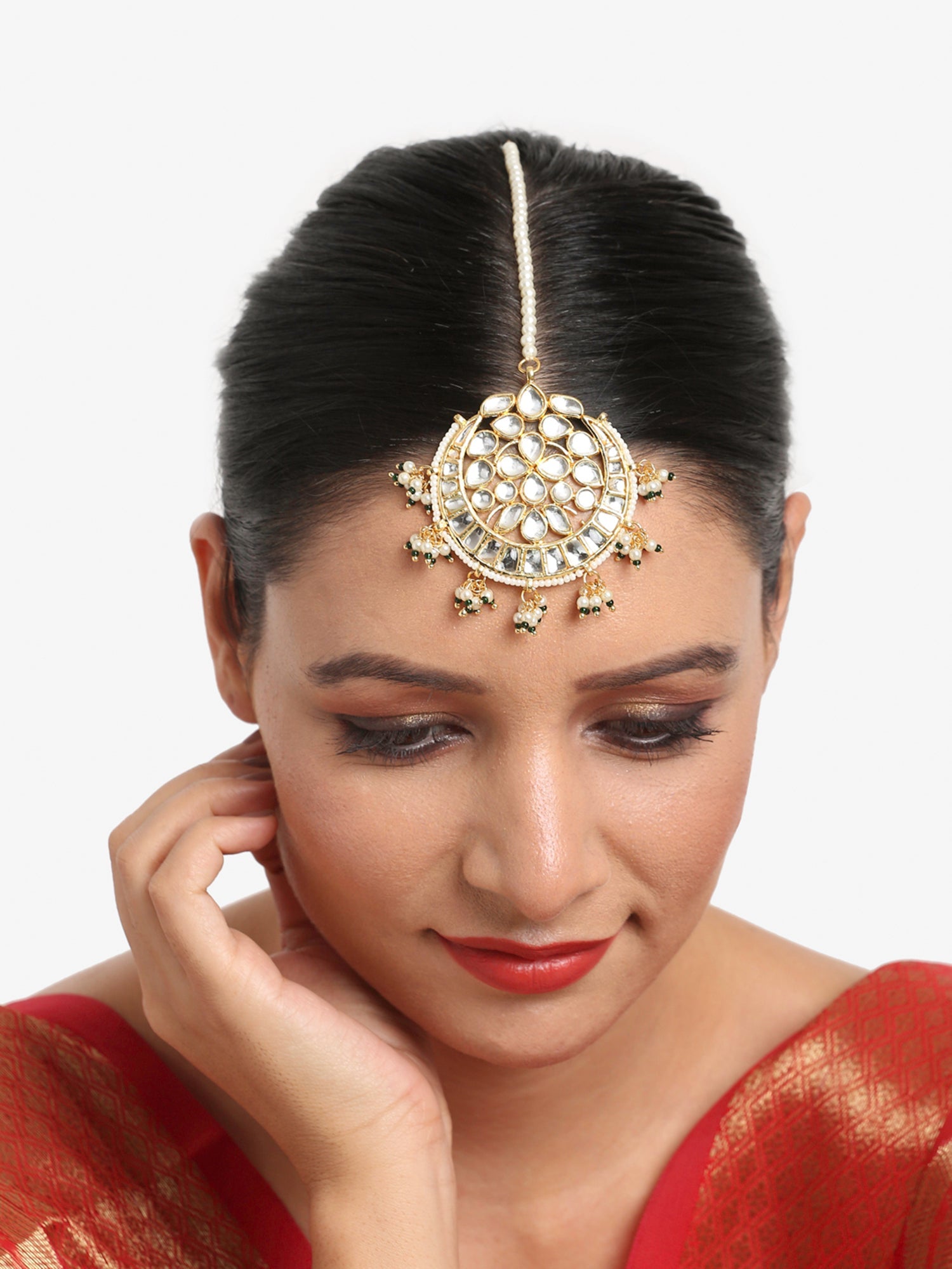 Gold Toned White Kundan Maang Tikka - Ruby Raang - Distacart