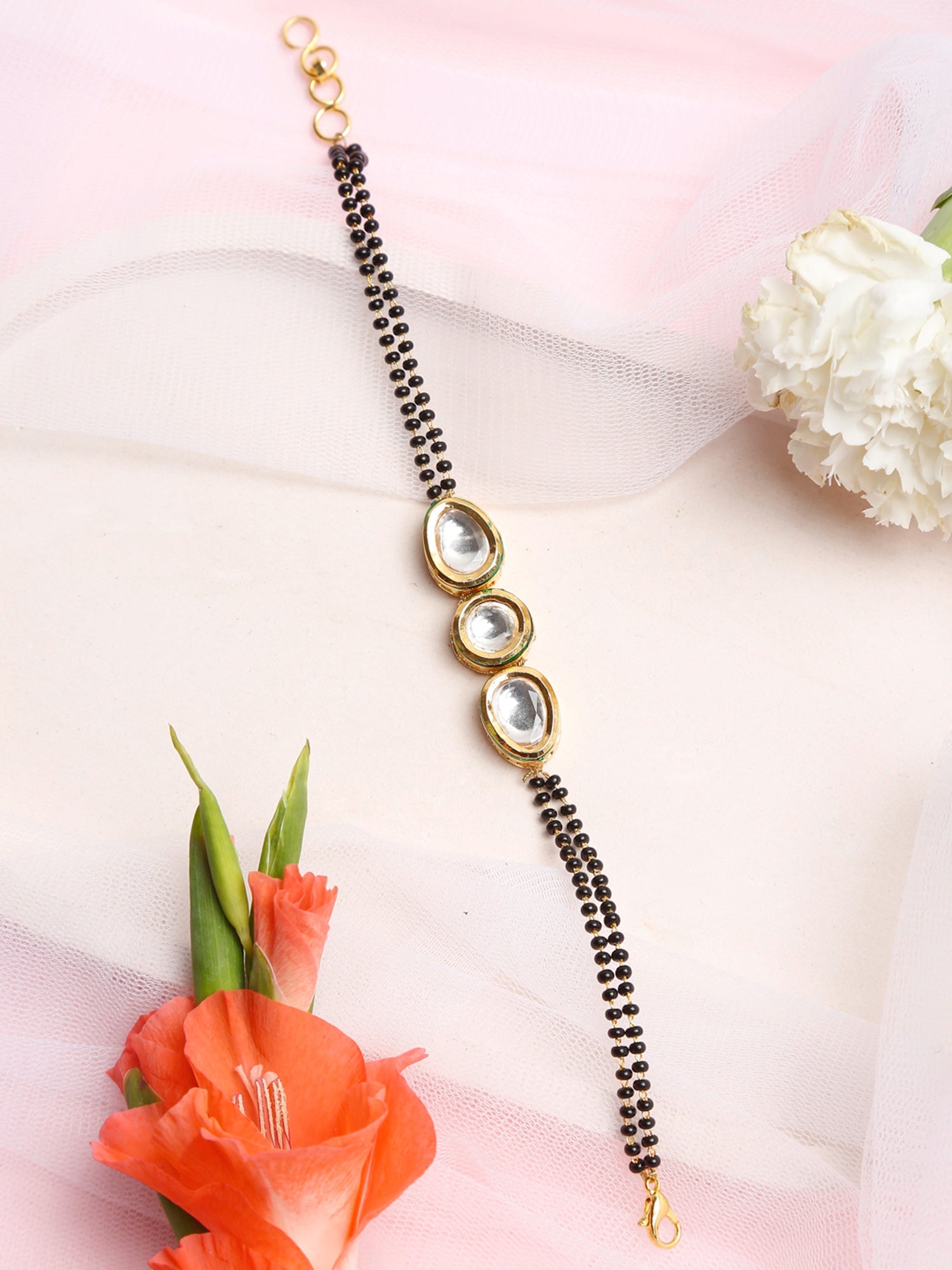 Women's Gold-Plated Black Beaded Kundan Mangalsutra Bracelet - Ruby Raang - Distacart