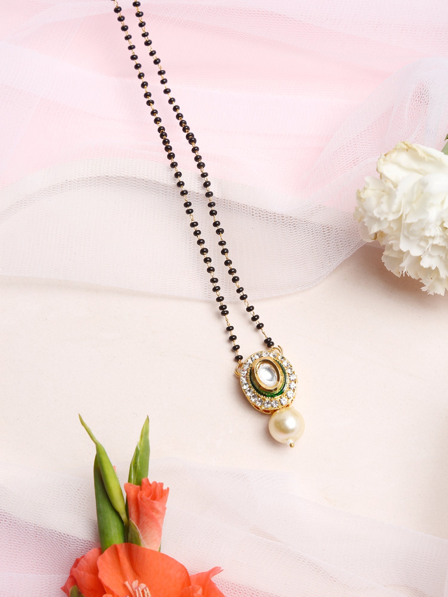 Gold-Plated Black Beaded White Kundan Studded Mangalsutra - Ruby Raang - Distacart