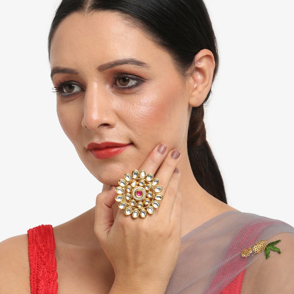 Women's Gold-Plated White Red Kundan-Studded Handcrafted Finger Ring - Ruby Raang - Distacart