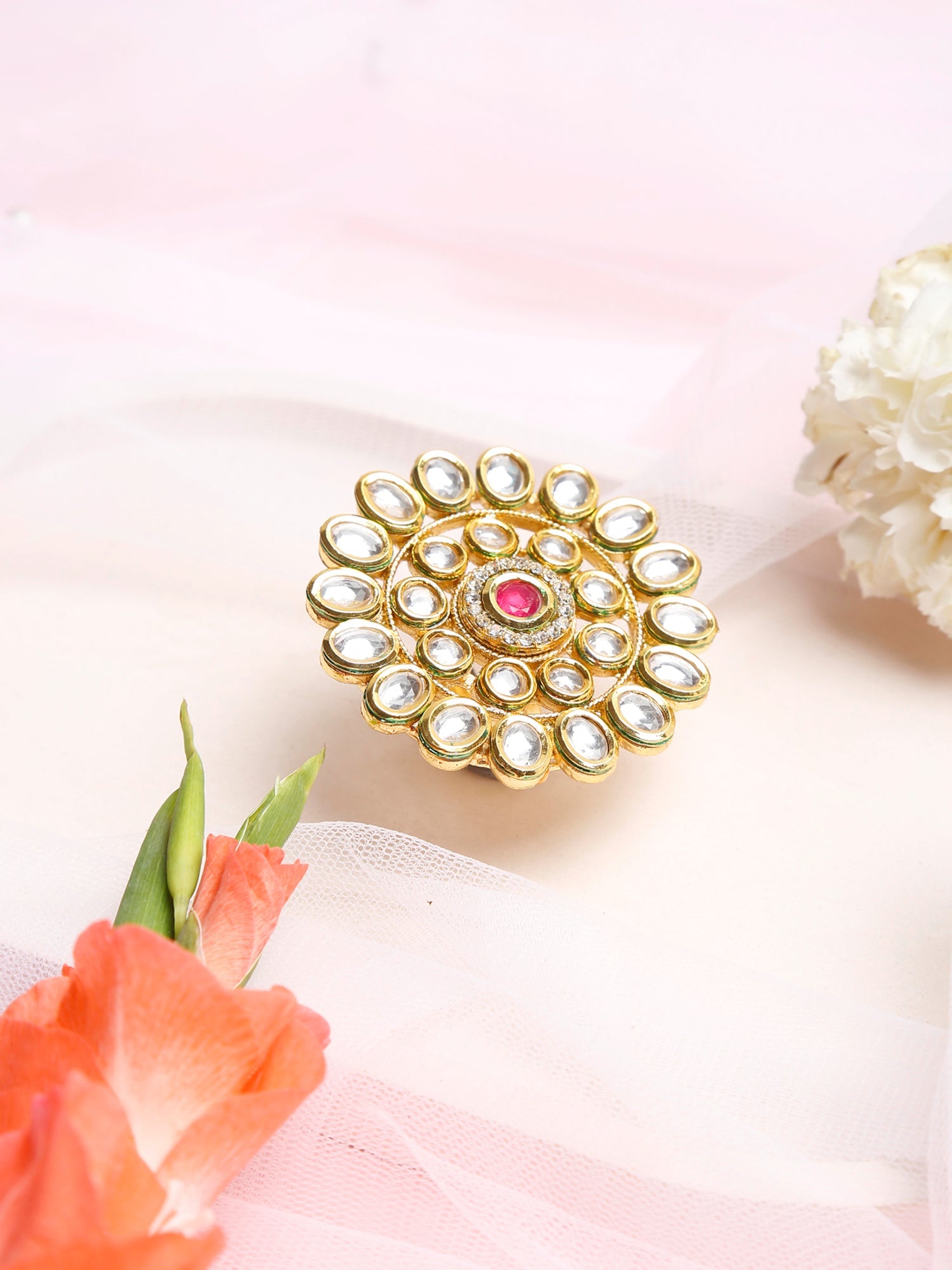 Women's Gold-Plated White Red Kundan-Studded Handcrafted Finger Ring - Ruby Raang - Distacart
