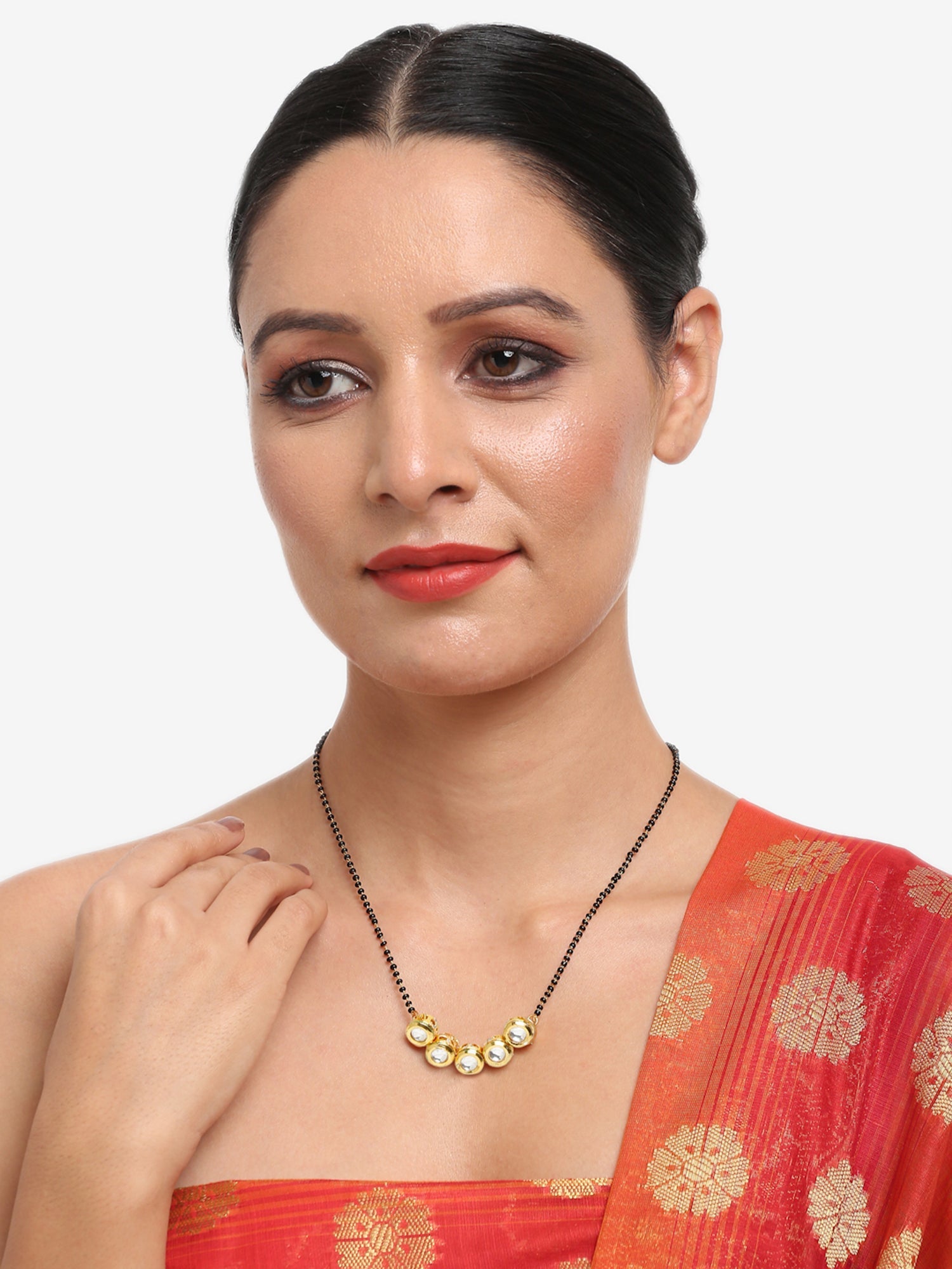 Black Gold-Plated Beaded White Kundan Studded Mangalsutra - Ruby Raang - Distacart