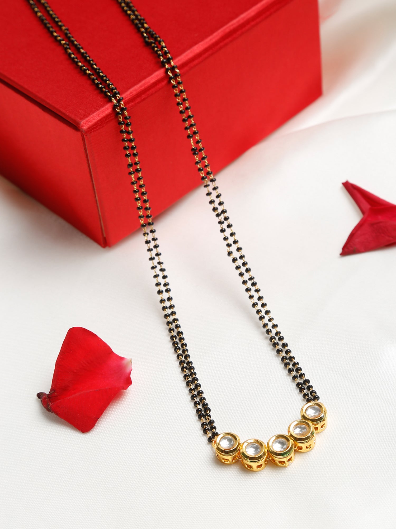 Black Gold-Plated Beaded White Kundan Studded Mangalsutra - Ruby Raang - Distacart