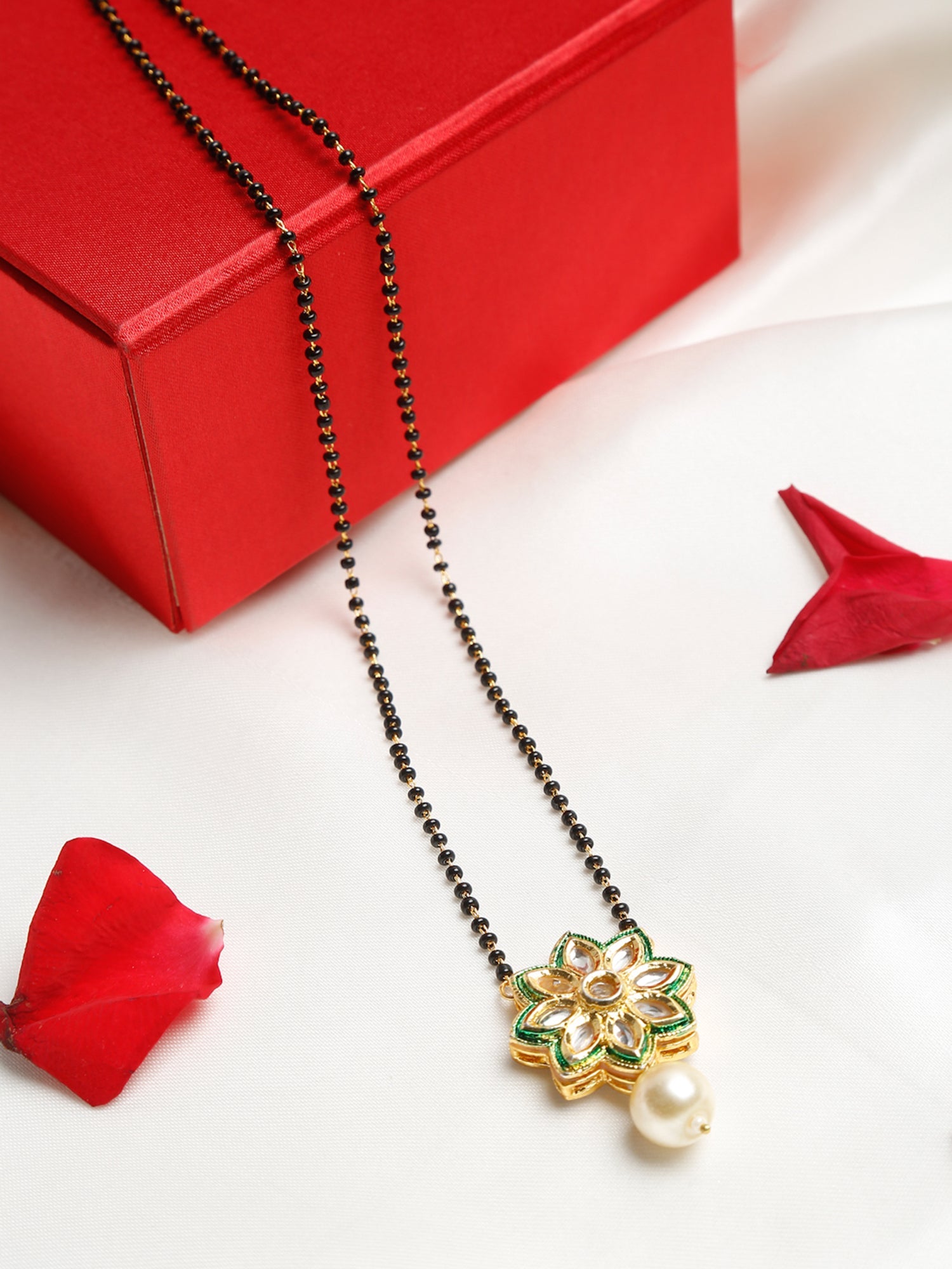 Gold-Plated Black Beaded White Kundan Studded Handcrafted Mangalsutra - Ruby Raang - Distacart