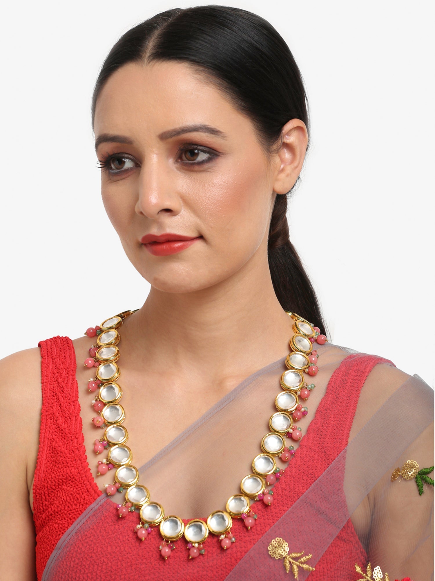 Gold-Plated Pink Kundan Pearls Studded Necklace - Ruby Raang - Distacart