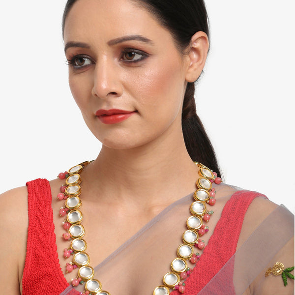 Gold-Plated Pink Kundan Pearls Studded Necklace - Ruby Raang - Distacart