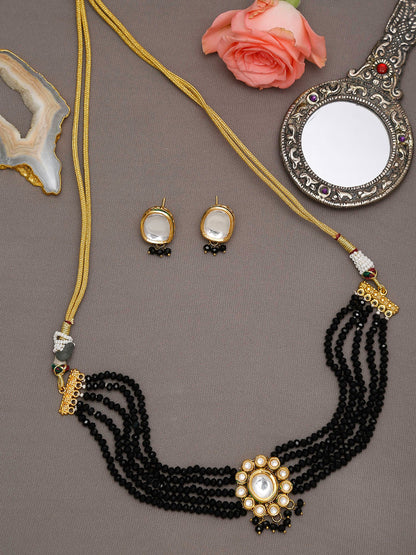 Gold-Plated White Black Kundan-Studded Beaded Handcrafted Jewellery Set - Ruby Raang - Distacart