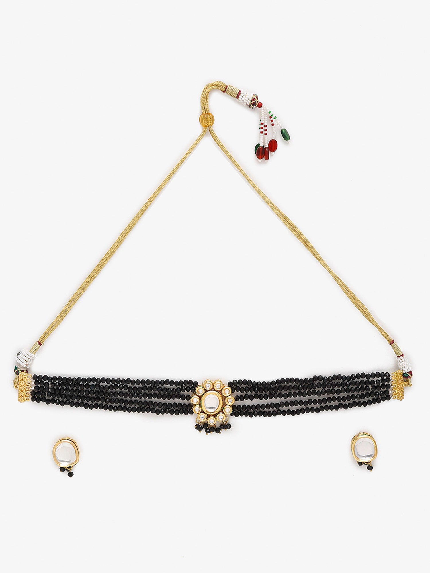 Gold-Plated White Black Kundan-Studded Beaded Handcrafted Jewellery Set - Ruby Raang - Distacart