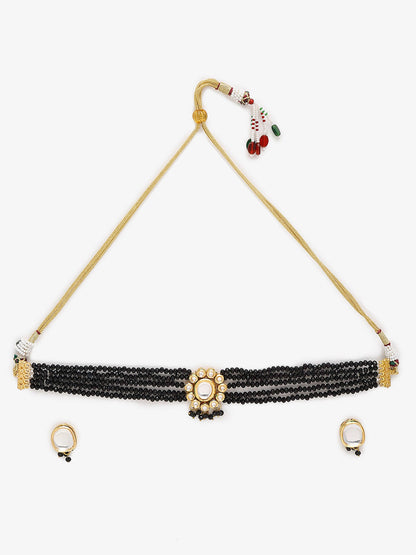 Gold-Plated White Black Kundan-Studded Beaded Handcrafted Jewellery Set - Ruby Raang - Distacart