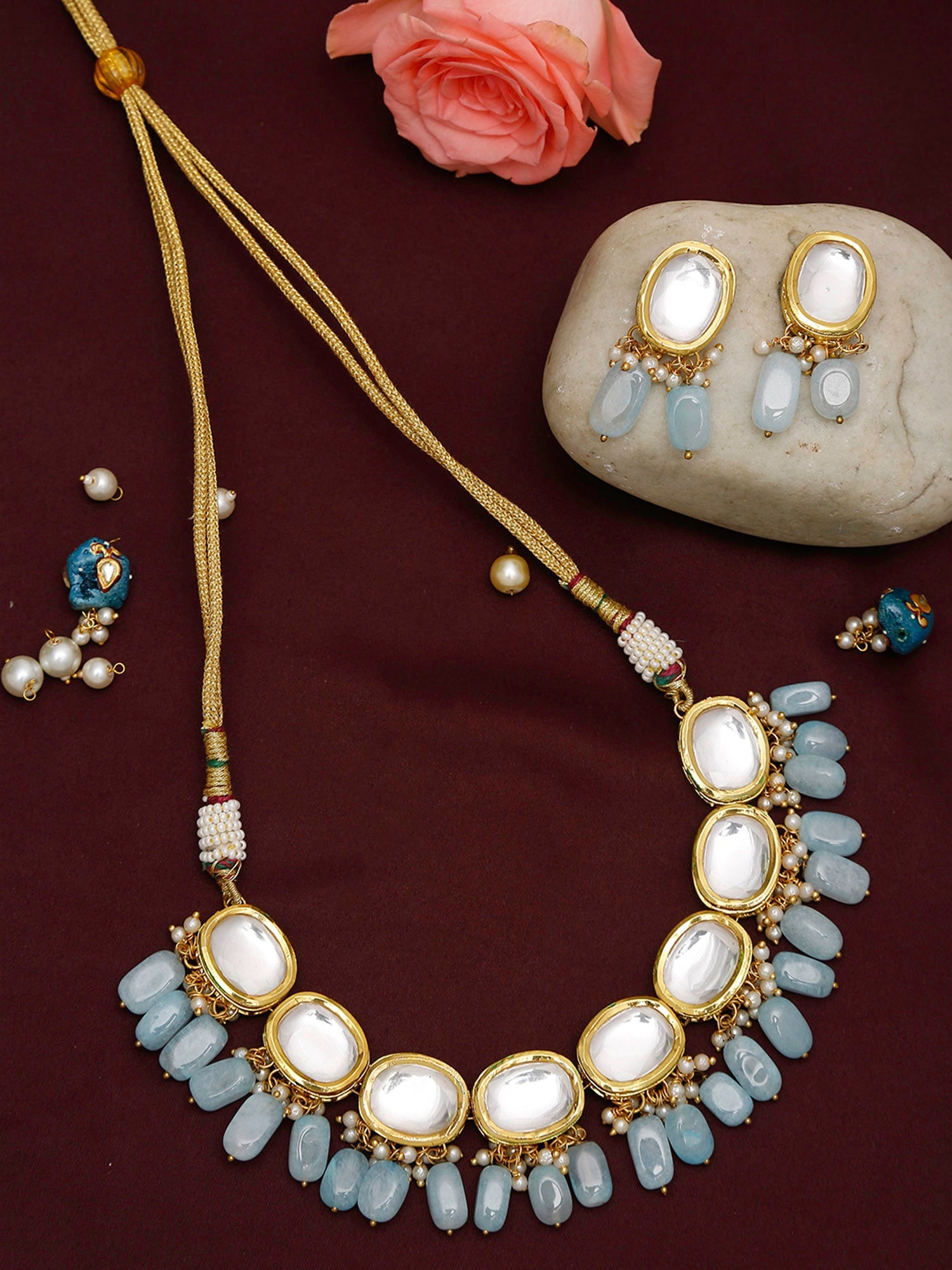 Gold-Plated White Blue Kundan-Studded Pearl Beaded Handcrafted Jewellery Set - Ruby Raang - Distacart
