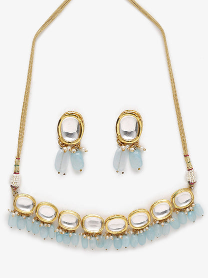 Gold-Plated White Blue Kundan-Studded Pearl Beaded Handcrafted Jewellery Set - Ruby Raang - Distacart