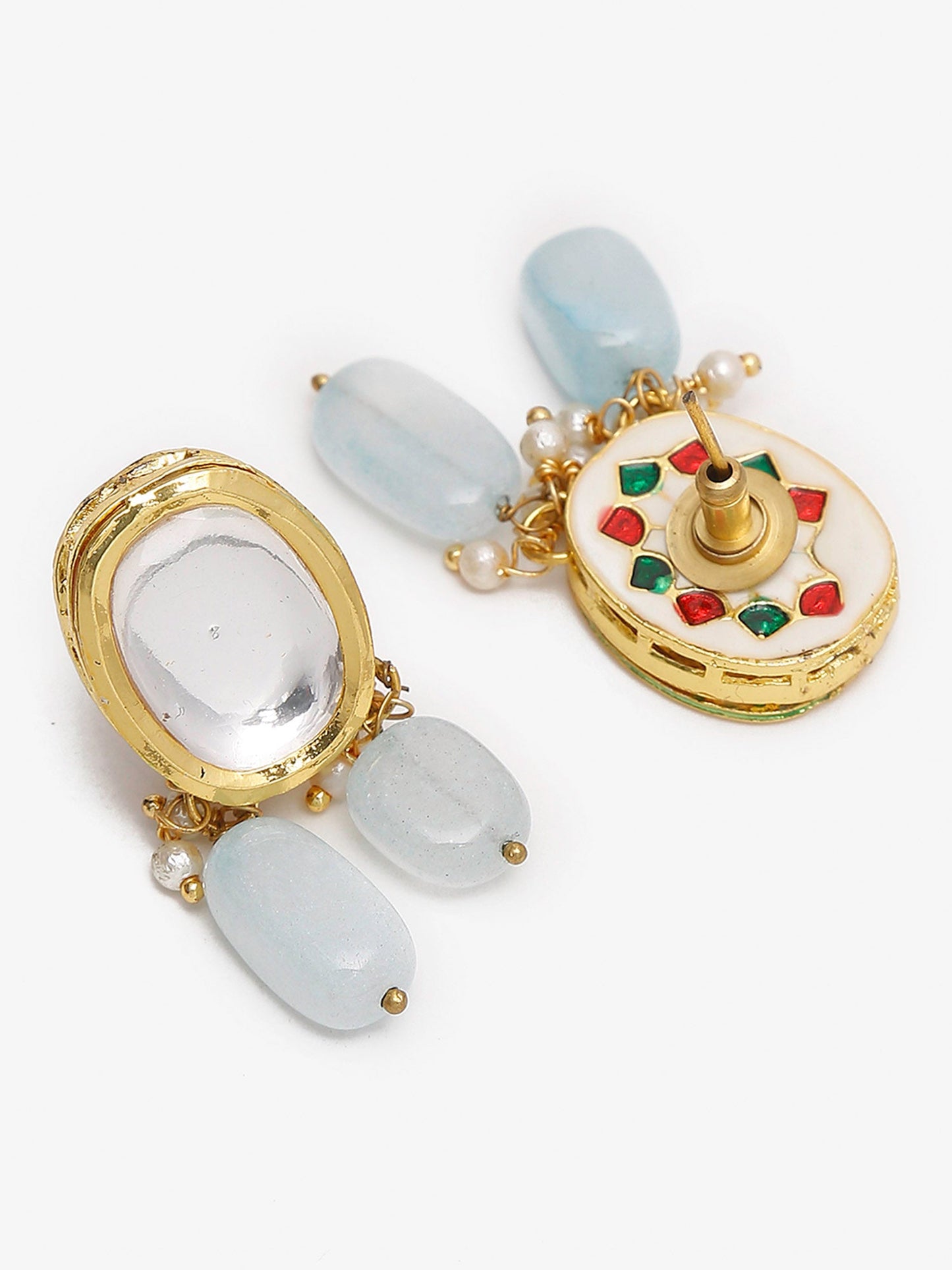 Gold-Plated White Blue Kundan-Studded Pearl Beaded Handcrafted Jewellery Set - Ruby Raang - Distacart