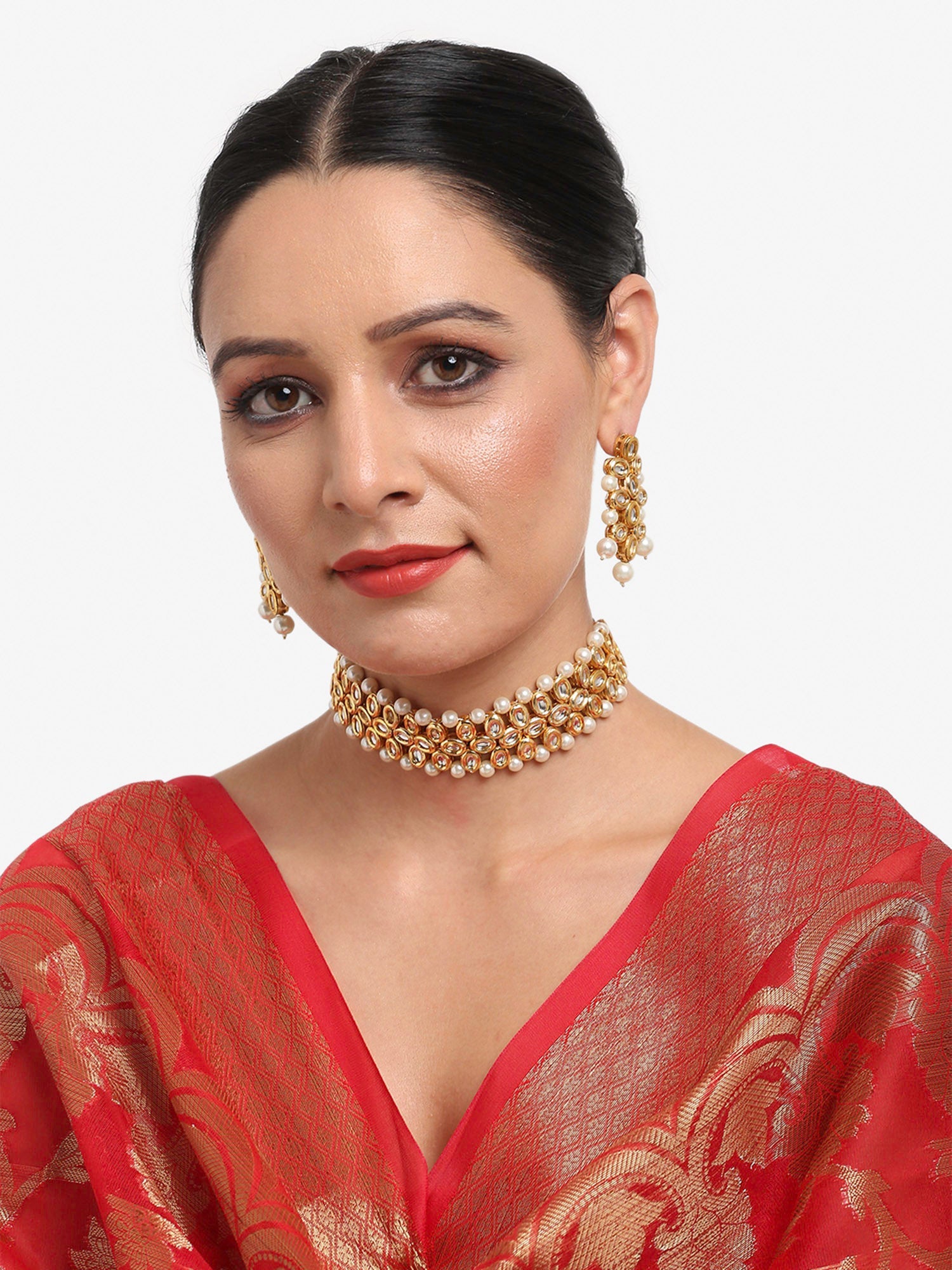 Gold-Plated White Kundan-Studded Pearls Beaded Handcrafted Jewellery Set - Ruby Raang - Distacart