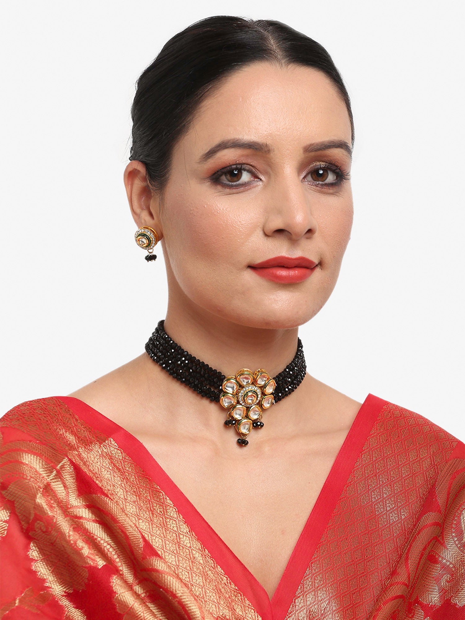 White Black Gold-Plated Kundan-Studded Jewellery Set - Ruby Raang - Distacart