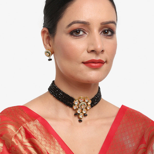 White Black Gold-Plated Kundan-Studded Jewellery Set - Ruby Raang - Distacart