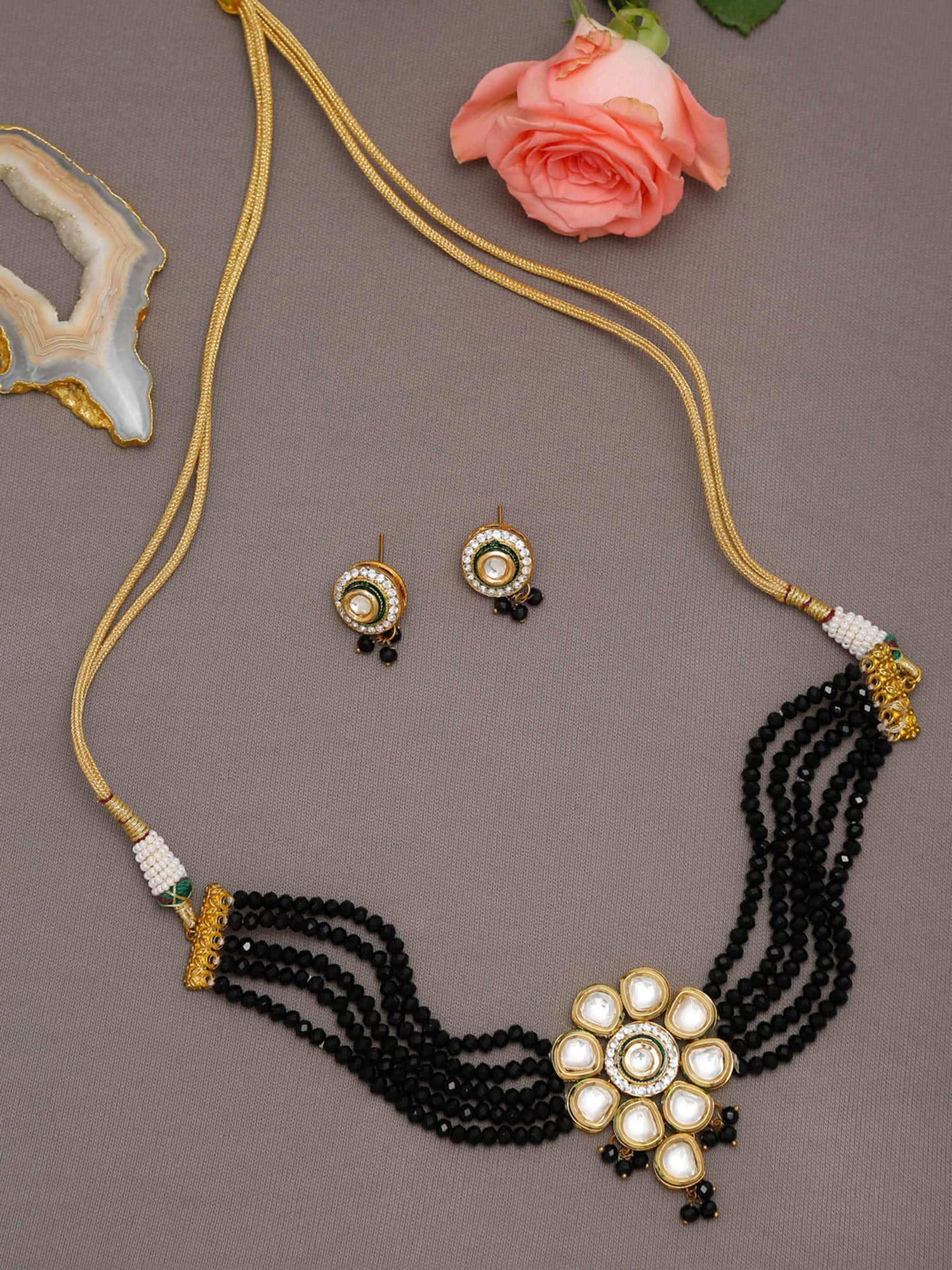 White Black Gold-Plated Kundan-Studded Jewellery Set - Ruby Raang - Distacart