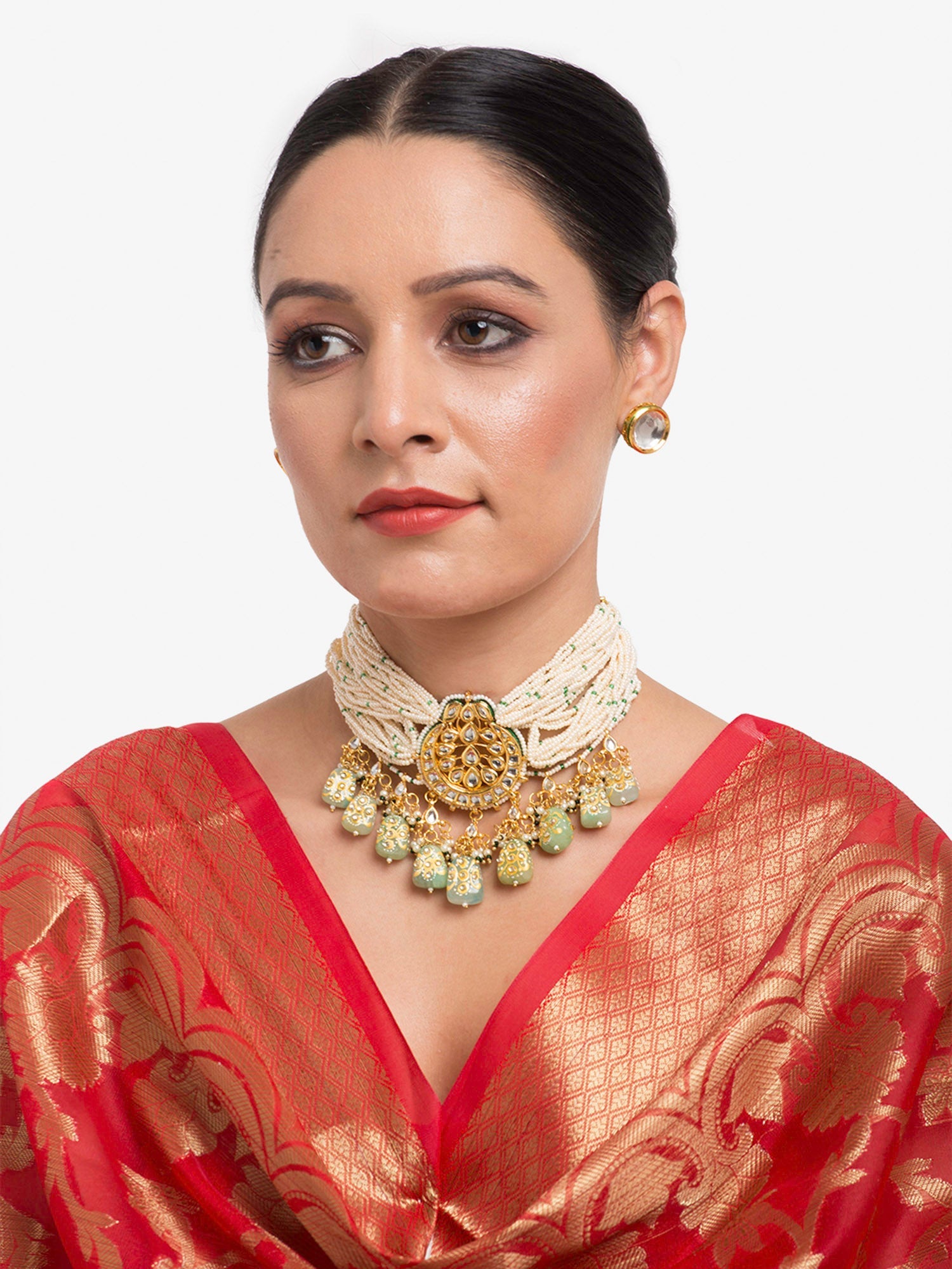 Gold-Plated White Green Stone-Studded Pearls Beaded Handcrafted Jewellery Set - Ruby Raang - Distacart