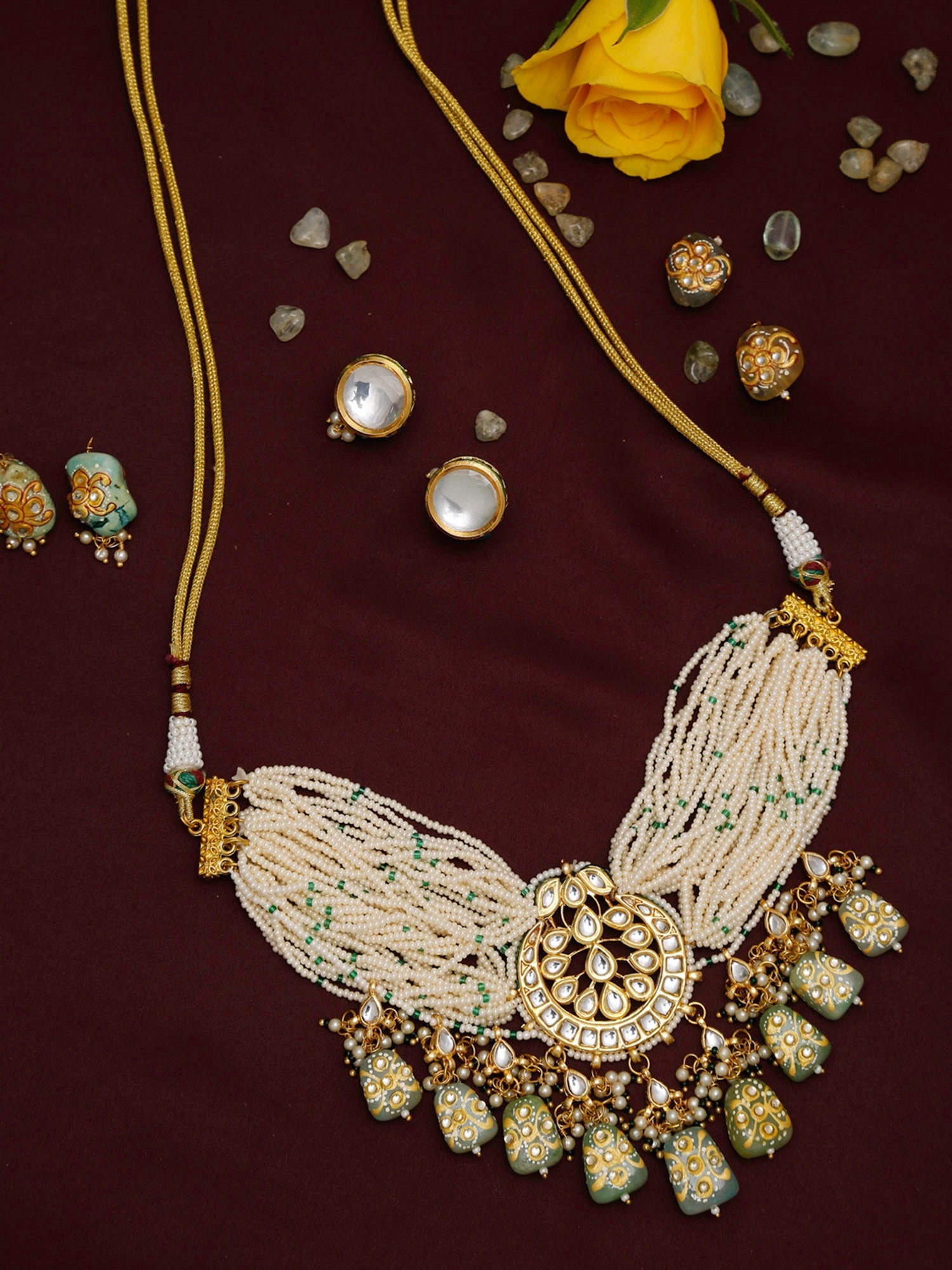 Gold-Plated White Green Stone-Studded Pearls Beaded Handcrafted Jewellery Set - Ruby Raang - Distacart
