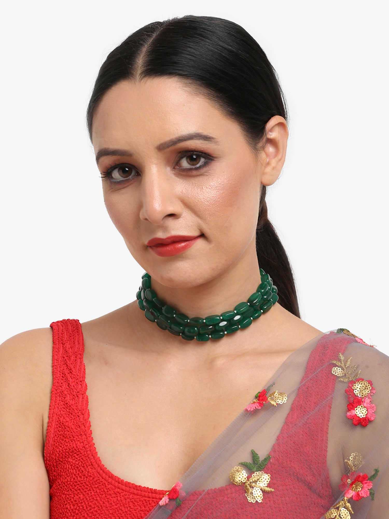 Gold-Toned Green Emerald Gold-Plated Layered Choker - Ruby Raang - Distacart