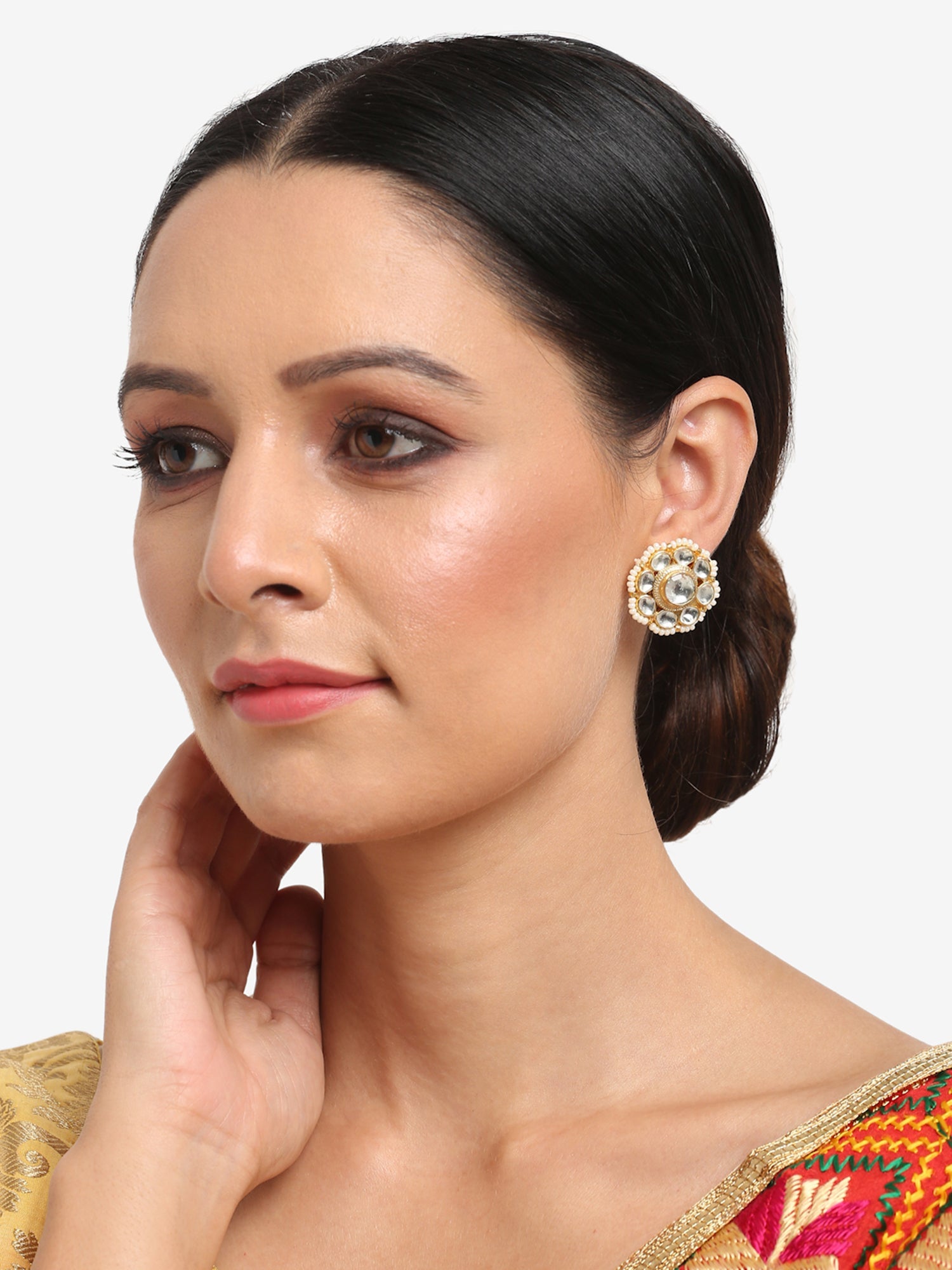 Gold-Toned Floral Kundan Studded Studs Earrings - Ruby Raang - Distacart