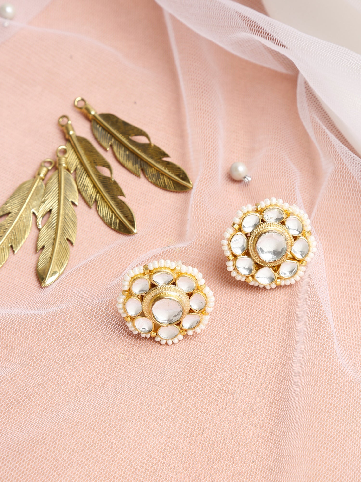 Gold-Toned Floral Kundan Studded Studs Earrings - Ruby Raang - Distacart