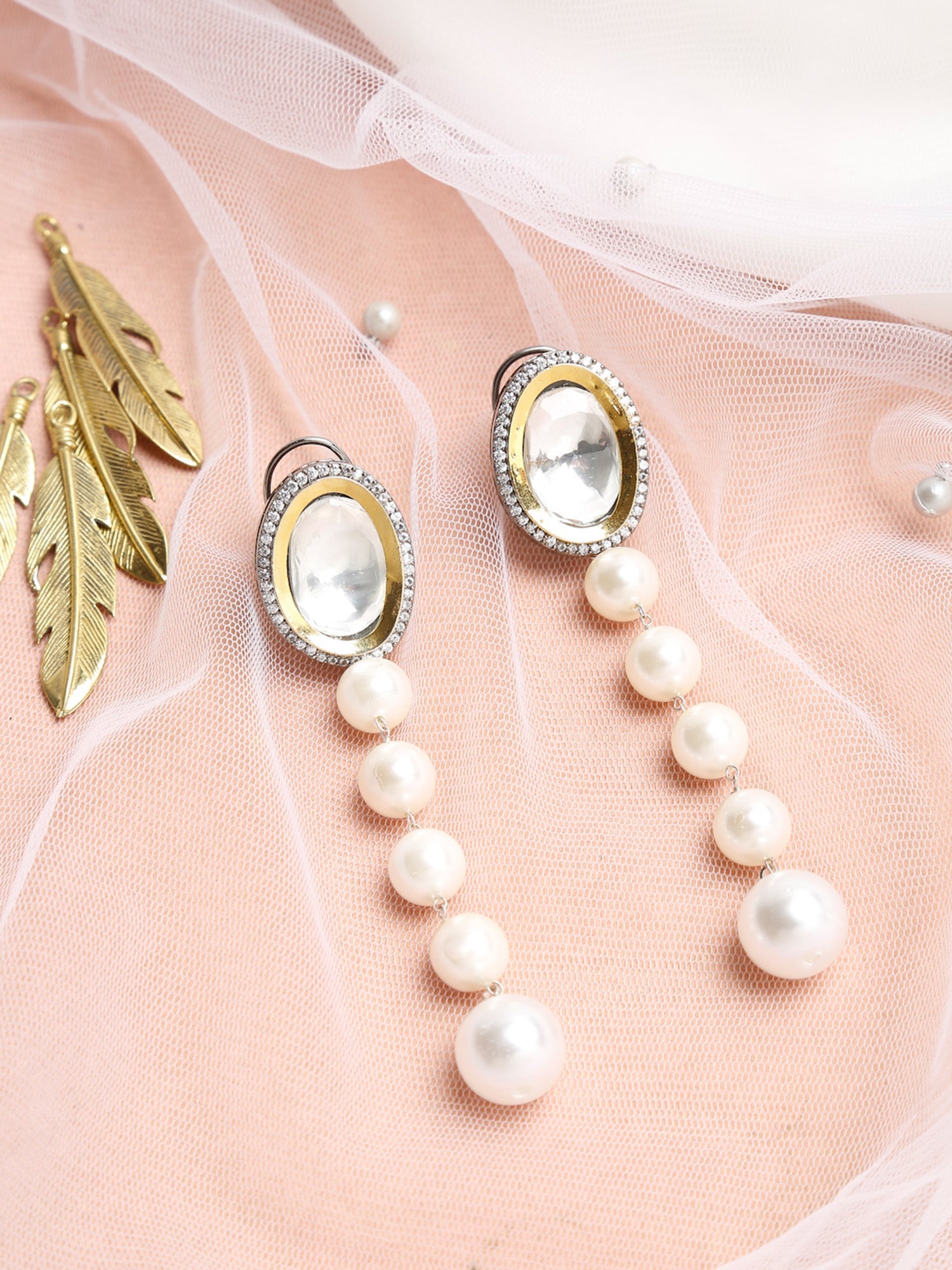 White Kundan Studded Pearls Drop Earrings - Ruby Raang - Distacart