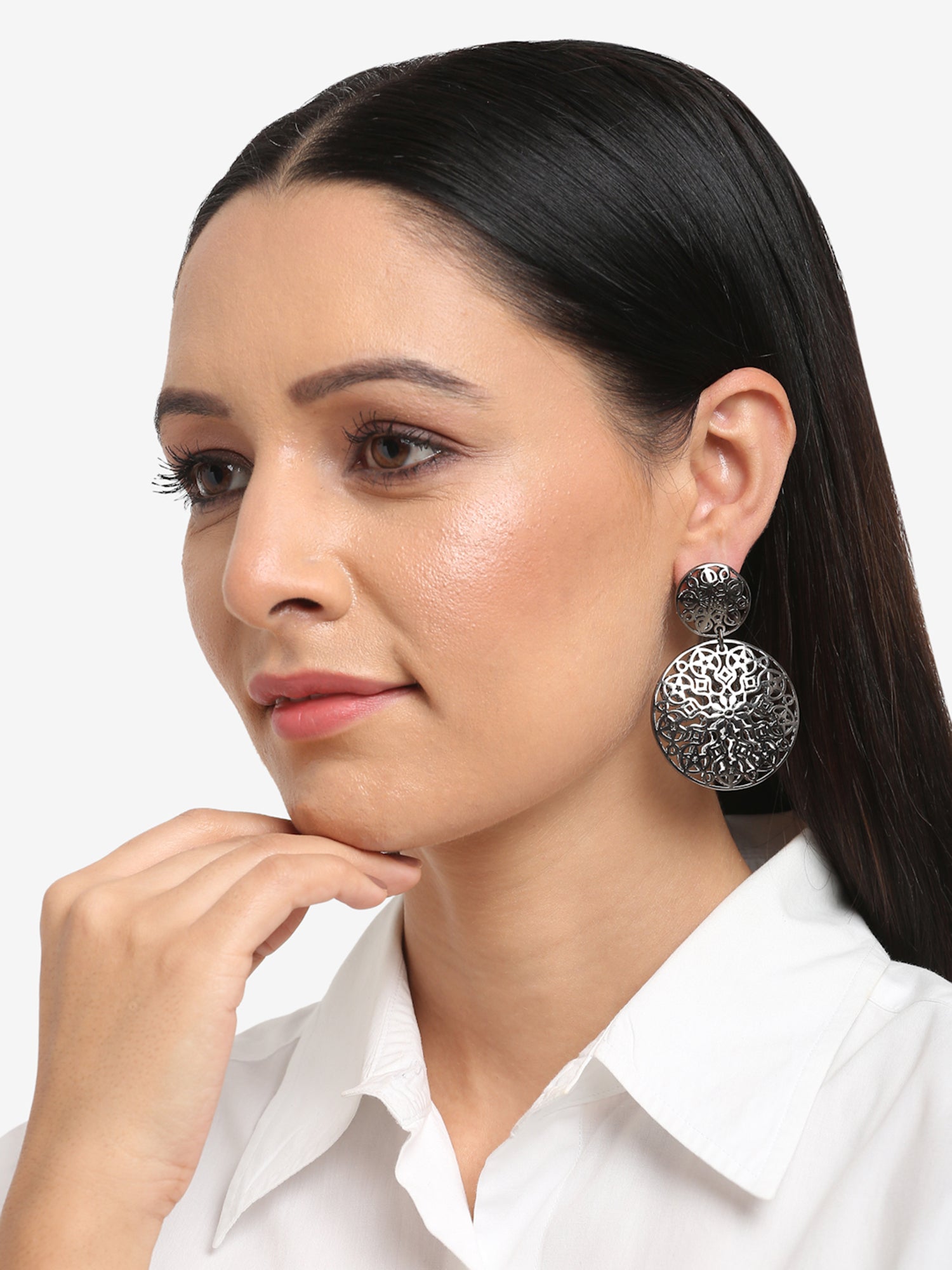 Silver-Toned Circular Drop Earrings - Ruby Raang - Distacart