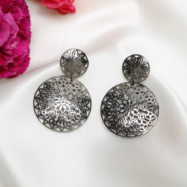 Silver-Toned Circular Drop Earrings - Ruby Raang - Distacart