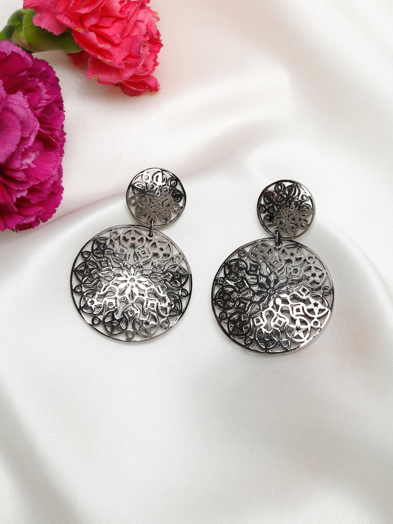Silver-Toned Circular Drop Earrings - Ruby Raang - Distacart