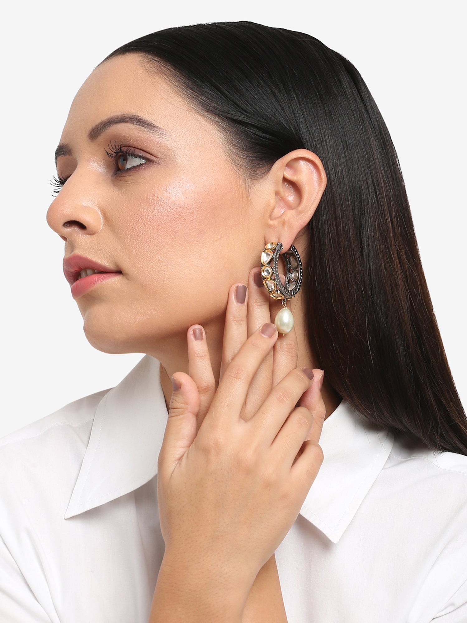 Silver-Toned White Circular Hoop Earrings - Ruby Raang - Distacart